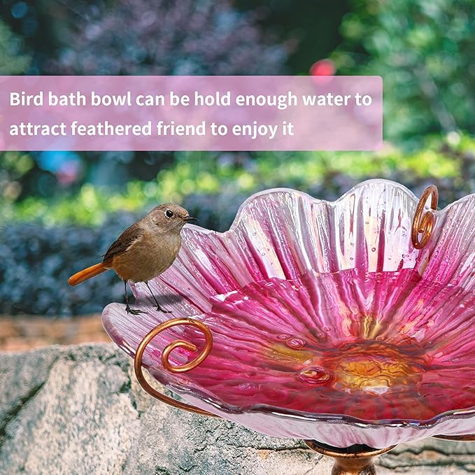 MUMTOP 31 Inch Height Glass Birdbath Birdfeeder with Metal Stake Garden Yard Outdoor Pink