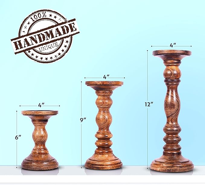 Large Candle Holders for Pillar Candles - Rustic Farmhouse Style Home Decor - Perfect for Table Centerpieces, Coffee Table or Fireplace Mantel - 3 Piece Set - Natural