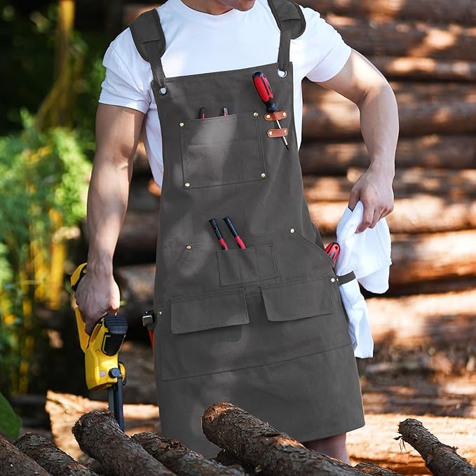 Tosewever Work Aprons for Men with Large Pockets, Canvas Cross Back Heavy Duty Adjustable Tool Aprons for Chef Cooking BBQ