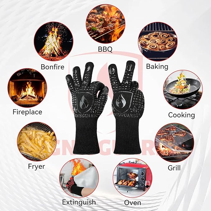 BBQ & Grill Gloves, Oven Gloves, 1472°F Silicone Oven Mitts Heat Resistant Grilling Gloves Fireproof Non-Slip for Barbecue Cooking Baking Smoking, 1-Pair Black（M）