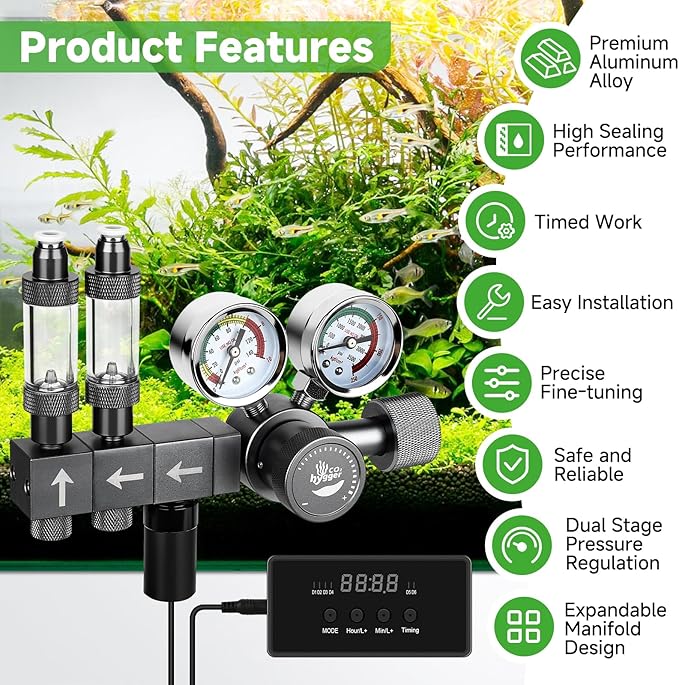 Upgraded Aquarium CO2 Regulator with Motorized Valve, Dual Stage Adjustable Pressure, Expandable for Two Tanks, Includes Timer and Bubble Counters for CO2 Aquarium System