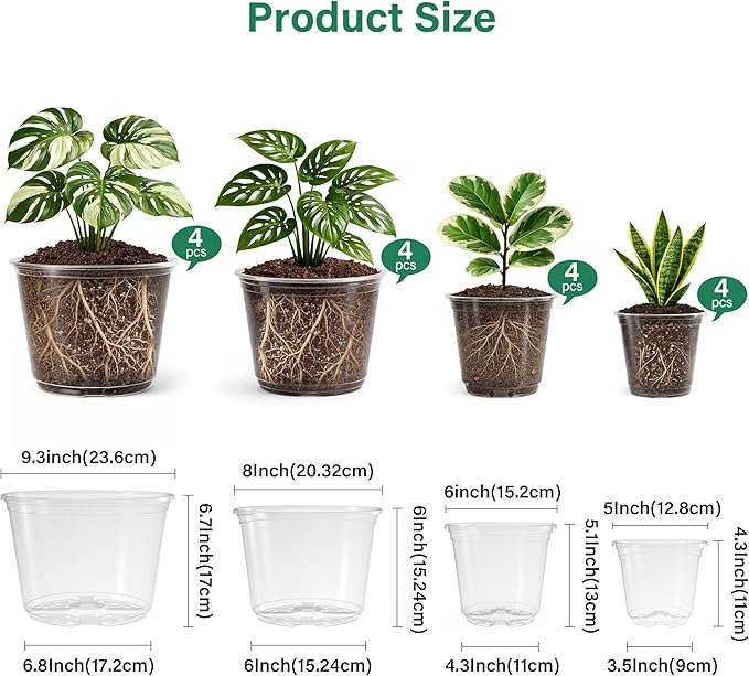 16 Pack 10/8/6/5 Inch Reinforced Large Clear Nursery Pots with Drainage Holes, Transparent Variety Pack Plastic Plant Pot for Vegetable Propagation, Root Cutting, Seed Starting