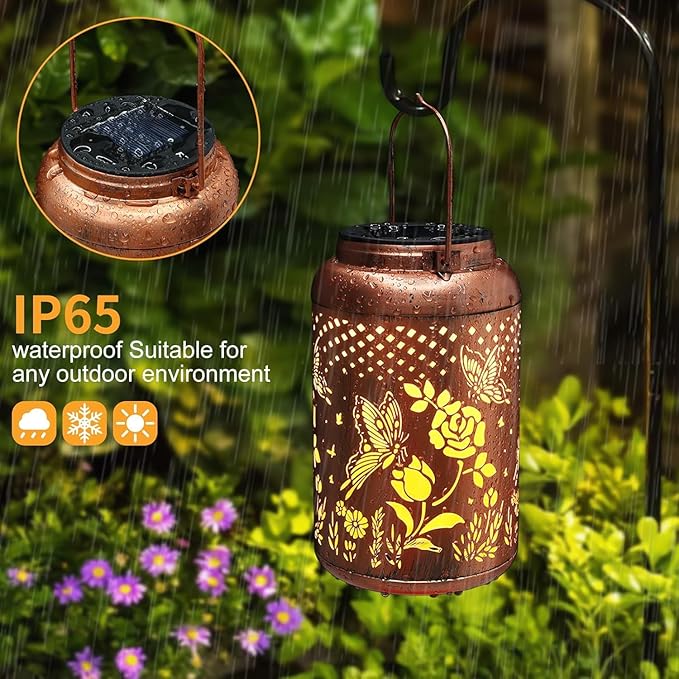 2 Pack Solar Lanterns Outdoor Waterproof, Butterfly Rose Garden Decor Birthday Gifts for Women Mom Grandma Hanging Solar Lights Metal Solar Decoration Outside for Yard, Patio, Lawn