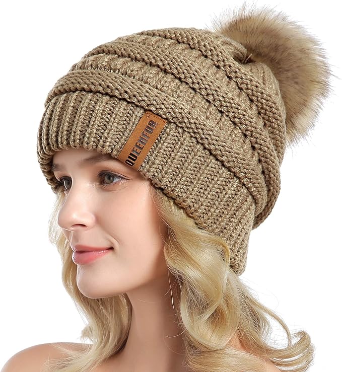 QUEENFUR Women Knit Slouchy Beanie Chunky Baggy Hat with Faux Fur Pompom Winter Soft Warm Ski Cap