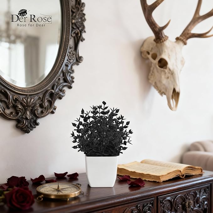 Der Rose 2 Pack Small Black Fake Plants Mini Artificial Potted Plants for Halloween Decor Table Desk Home Office Black Bathroom Decor