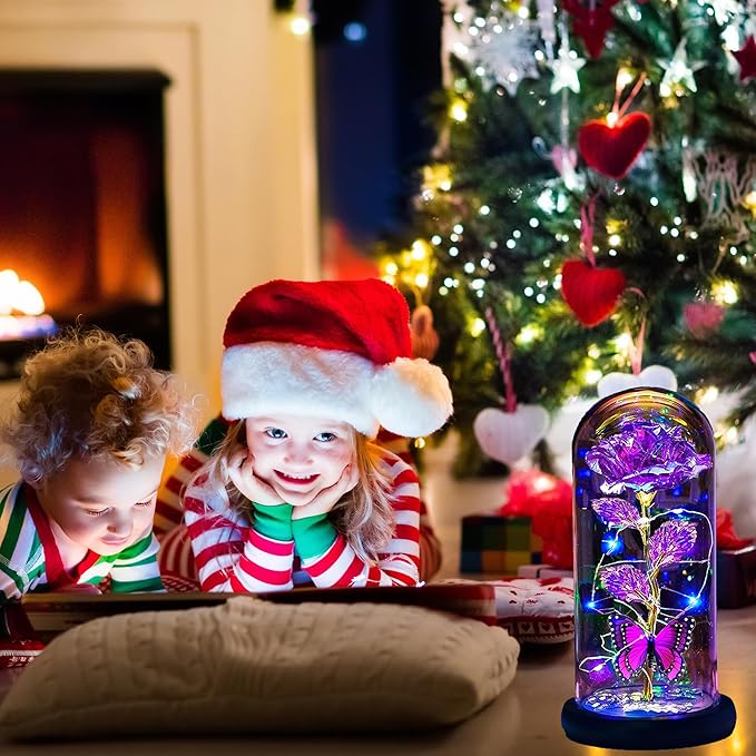 Valentines Day Gifts for Her,Valentines Day Rose Flowers Gifts for Mom Girlfriend Women Wife,Birthday Gifts for Women, Valentines for Her,Glass Flowers Light Up Rose Gifts for Mom,Purple Rose