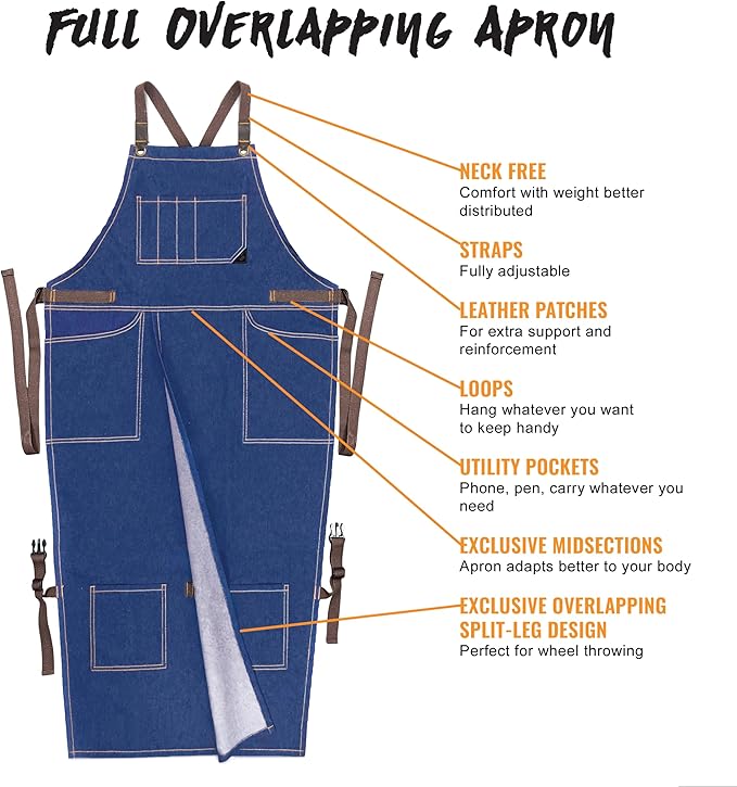 Under NY Sky Pottery Blue Apron – Full Cover Cross-Back, Durable Denim, Leather Reinforcement and Overlapping Split-Leg – Adjustable for Men and Women – Pro Pottery Artist, Mechanics