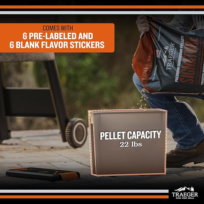 Traeger Grills BAC637 Stay Dry Pellet Storage Bin with Locking Lid, 22lb Capacity Wood Pellet Container with Flavor Stickers, Stackable Design, Airtight Storage for Grill Pellets