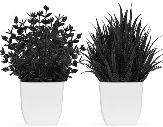 Der Rose 2 Pack Small Black Fake Plants Mini Artificial Potted Plants for Halloween Decor Table Desk Home Office Black Bathroom Decor