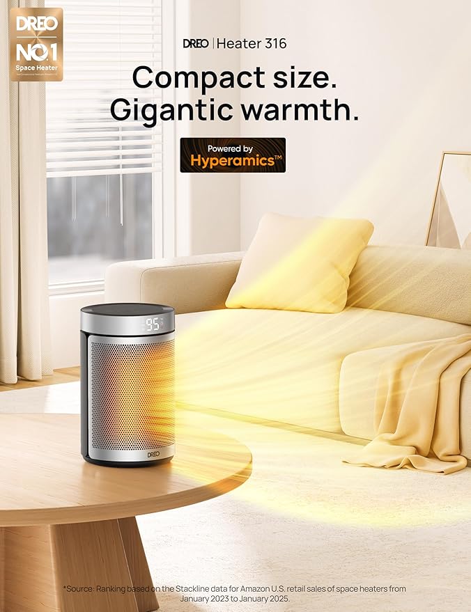 DREO Space Heater, Portable Electric Heaters for Indoor Use with Thermostat, 1-12H Timer, Eco and Fan Mode, 1500W PTC Ceramic Safety Heat for Office Bedroom Home, With Remote, Silver