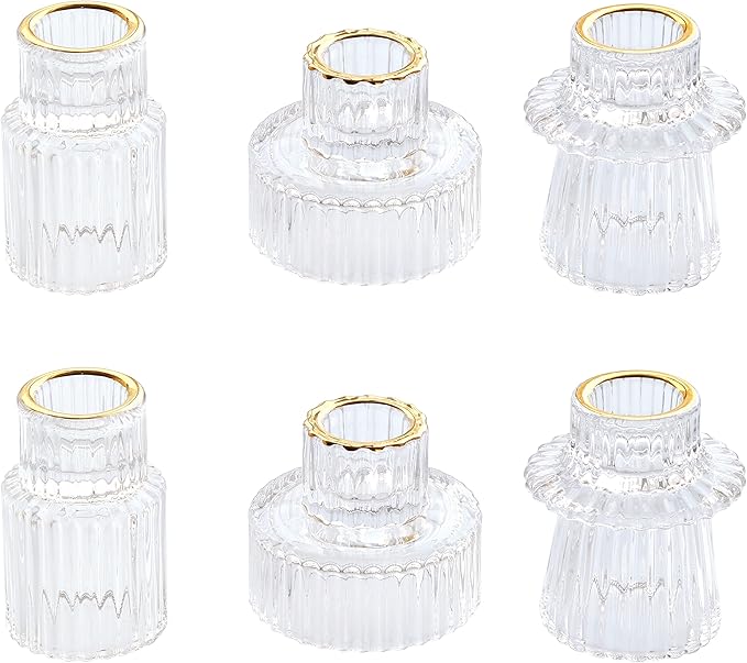 Vixdonos Taper Glass Candlestick Holders Tealight Candle Holders for Table Centerpieces, Wedding Decor and Dinner Party (6 Pcs, Gold Rim Clear)