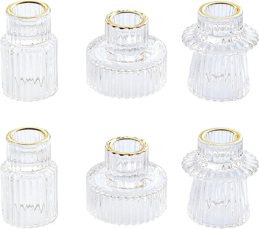 Vixdonos Taper Glass Candlestick Holders Tealight Candle Holders for Table Centerpieces, Wedding Decor and Dinner Party (6 Pcs, Gold Rim Clear)