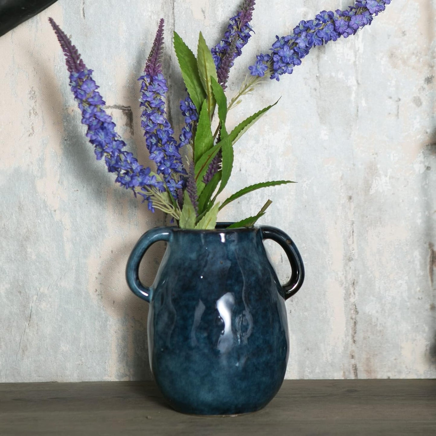 Blue Ceramic Vase with 2 Handles, Modern Farmhouse Decor, Rustic Terracotta Pottery, Decorative Flower Vases, Clay Small Vase, Centerpiece for Dining Table - 7 Inch Tall