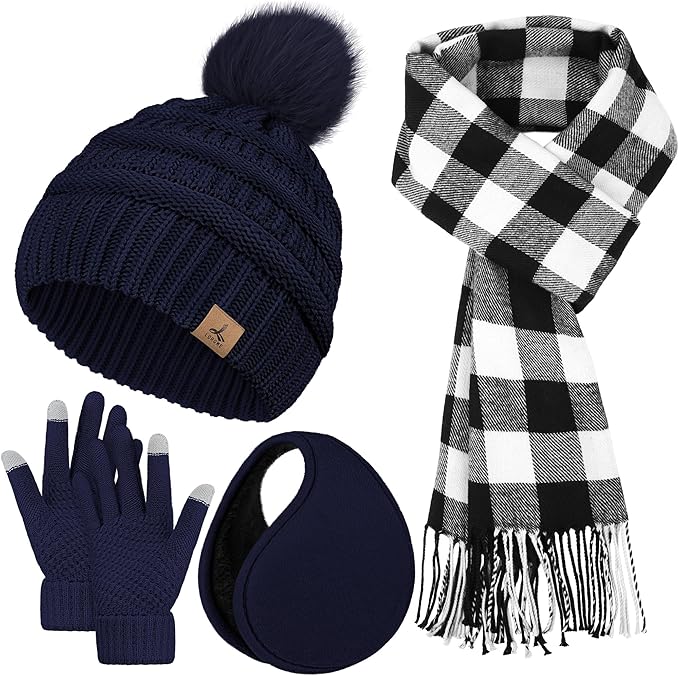 Winter Hat Scarf Gloves and Ear Warmer, Knit Warm Beanie Hat Touch Screen Gloves Long Knitted Plaid Scarf Set Gifts for Women