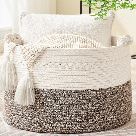 KAKAMAY Large Blanket Basket (20"x13"),Woven Baskets for storage Baby Laundry Hamper, Cotton Rope Blanket Basket for Living Room, Laundry, Nursery, Pillows, Baby Toy chest (White/Beige)