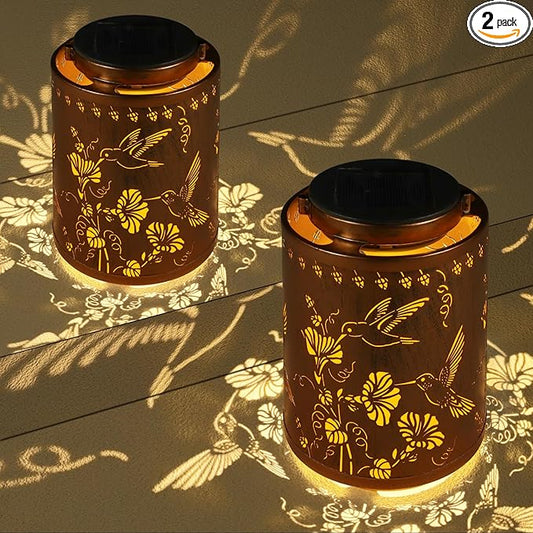 2 Pack Solar Lanterns Outdoor Waterproof Garden Decor Birthday Gifts for Women Mon Grandma Metal Hanging Solar Lights Decoration for Outside LED Lanterns for Yard Patio（Hummingbirds）