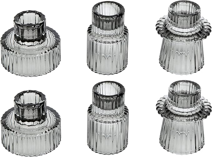 Vixdonos Taper Glass Candlestick Holders Tealight Candle Holders for Table Centerpieces, Wedding Decor and Dinner Party (6 Pcs, Gray)