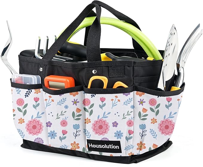 Housolution Gardening Tote Bag, Deluxe Garden Tool Storage Bag and Home Organizer with Pockets, Wear-Resistant & Reusable, 14 Inch, White Floral