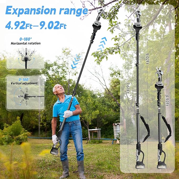 2-in-1Electric Pruning Shears with Pole,Cordless Pruning Shears with LCD Display＆SK7 Blades-Adjustable Cutting Diameter0.59-1.2"＆21V 2 x 3.0Ah Rechargeable Batteries,LCD Display.For Tree Branch(Gray)