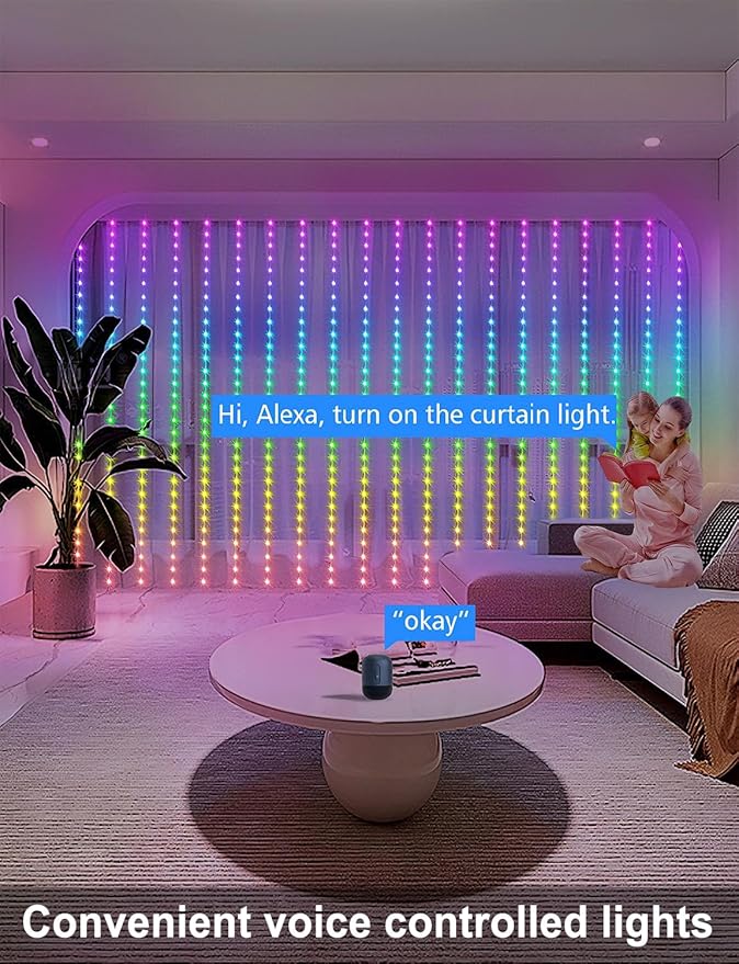 echosari Smart 600 LED Curtain Lights, 20Ft x 10Ft, Compatible with Alexa, App Control, DIY Fairy Lights, Dynamic for Backyard, Home, Wedding, Party Decor - RGB Color Changing IC