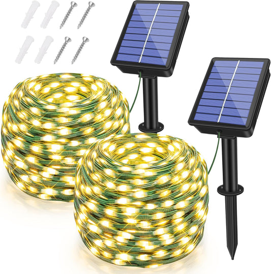 2 Pack Solar String Lights Total 600LED 197FT, IP67 Waterproof Solar Lights for Outside with 8 Modes, Fairy Lights for Patio Garden Party Wedding Yard Camping Decorations (Warm White)