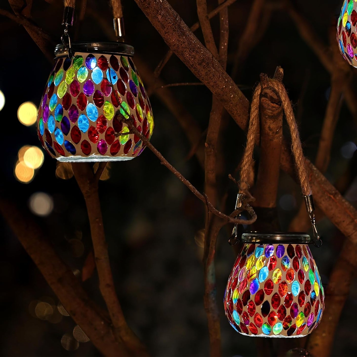 Cooo 2 Pack Mosaic Solar Lantern Outdoor Waterproof IP68 Hanging Projection Light Hidden Lid Pear-Shaped Lantern with Rope Handle Solar Powered Auto On for Patio Garden Fence Table - Crimson Ember