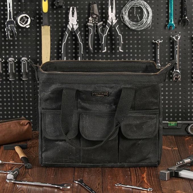 Heavy-Duty 16oz Waxed Canvas Tool Tote with Zipper, Multi-Purpose Organizer Tool Bag with 15 Pockets | 15"L X 7.8"W X 11.5"H