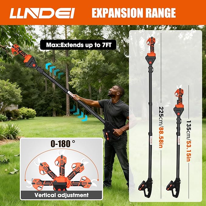 LLNDEI 2-in-1 Electric Pruning Shears with 13Ft Reach Extension Pole, 1.6“ Cutting Diameter, Electric Tree Pruner, 1000w Brushless Motor, Cordless Power Pruner for Tree Trimming.