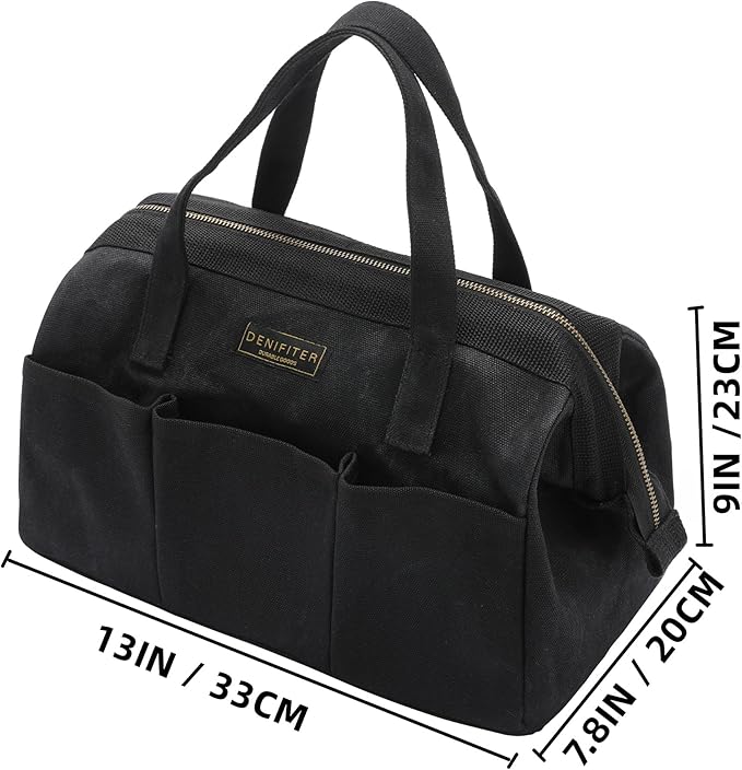 Tool Bag with Zipper, Heavy Duty 16oz Waxed Canvas Wide Mouth Tool Tote Bag, 13-inch Muti-Purpose Storage Tool Pouch with Side Pockets