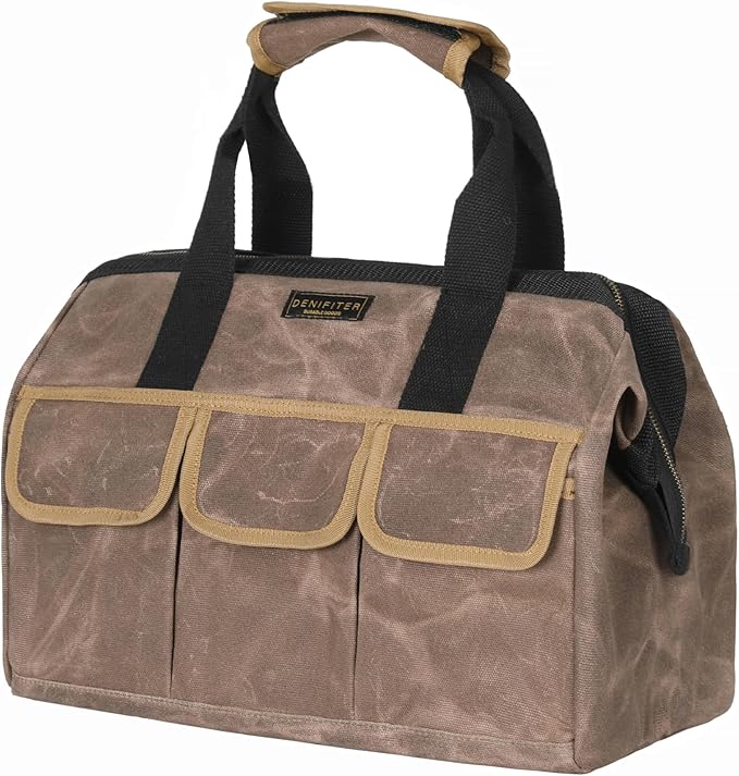 Tool Bag, Durable 16oz Waxed Canvas Wide Mouth Water-Resistant Electrician Tool Bag, Tool Tote with Handle for Tools, Wrenches, Screwdrivers (15 X 7.8 X 11.5 Inch) | Grey