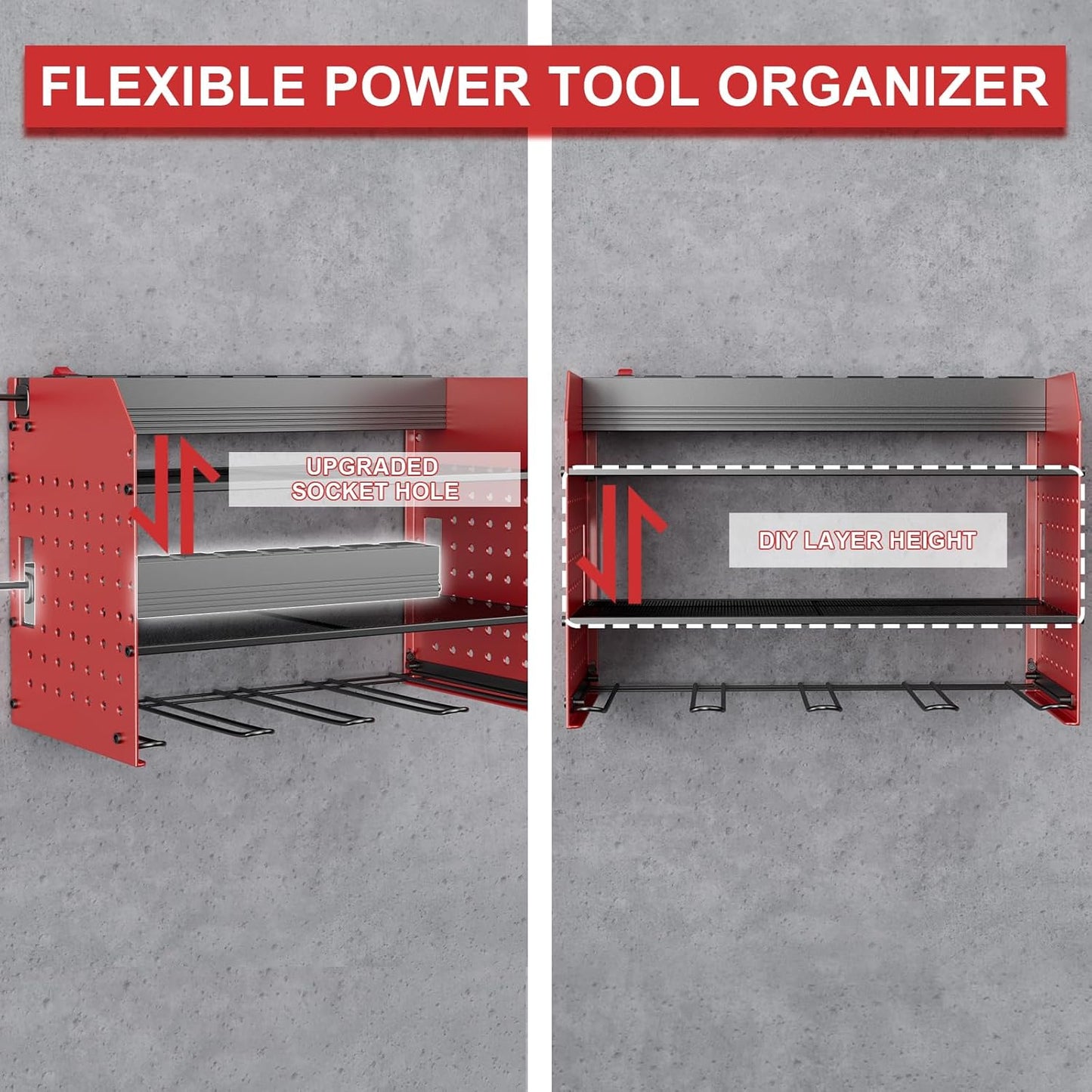 Power Tool Organizer with Charging Station, 6 Drill Holder Wall Mount, 3 Layer Garage Tool Organizer with Hooks, Screwdriver, Drill Bit Rack, Heavy Duty Utility Shelf for Garage, Gifts for Men