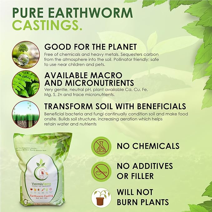 VermisTerra Earthworm Castings - (5 LB) 2.7 qts - 100% Organic Earthworm Castings - All Natural Plant Fertilizer - Soil Enhancer - Potting Mix for Plants, Vegetables, Flowers, Indoor + Outdoor
