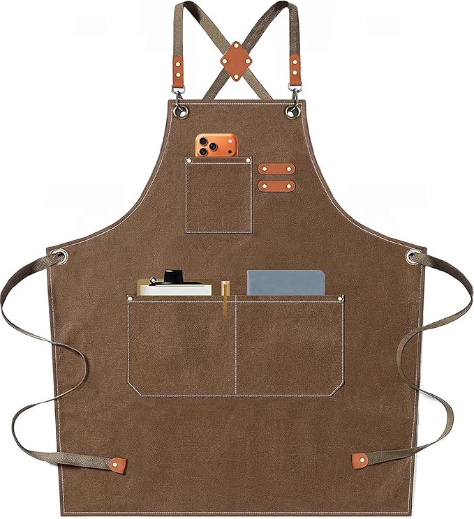 AFUN Chef Aprons for Men Women with Oversized Pockets, 16-Ounce Cotton Canvas Cross Back Heavy Duty Work Apron (Brown)
