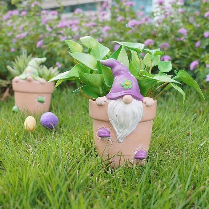 Easter - Spring Flower Pot - Gnome Pot - Easter Decoration - Cactus Succulents Unique Spring Decorative Purple Planter with Drainage Hole for Home Farmhouse Decor 3.25 x 3.5 x 5 in Newman House Studio