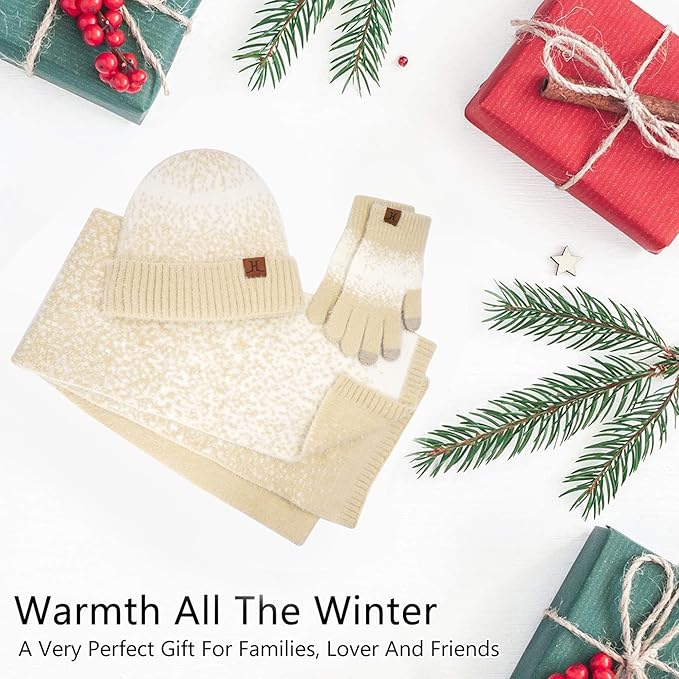 Womens Winter Knit Beanie Hats and Touchscreen Gloves Long Scarf Set with Warm Fleece Lined Skull Caps Scarves for Women