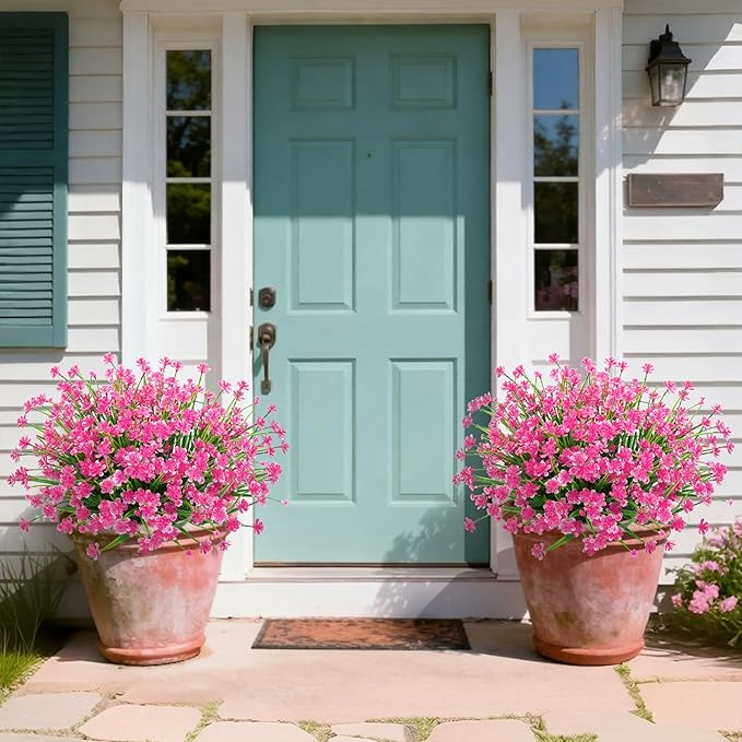 Ouddy Decor 24 Bundles Artificial Flowers for Outdoors UV Resistant Fake Plastic Plants Faux Greenery Stems for Spring Summer Indoor Garden Patio Window Box Kitchen Home Decor, Pink