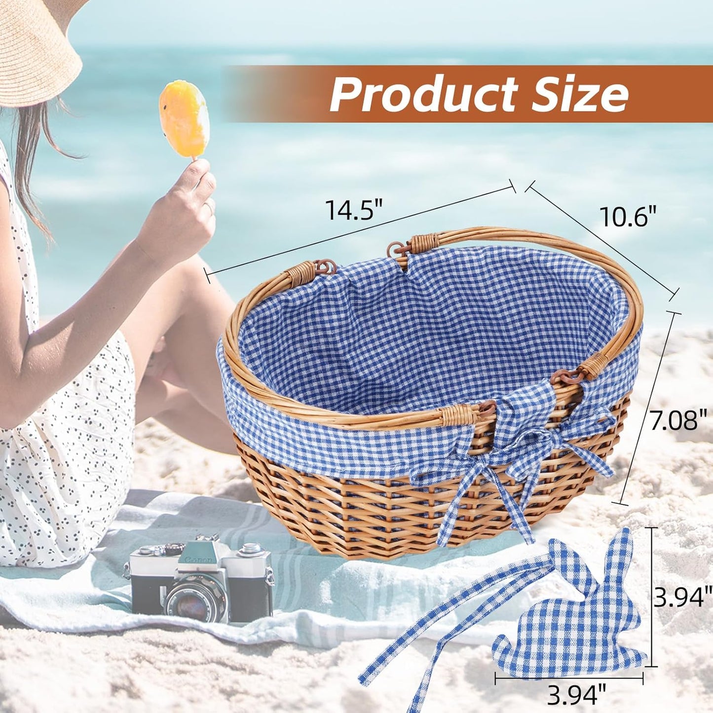 G GOOD GAIN Wicker Picnic Basket with Double Folding Handles,Willow Picnic Hamper,Natural Hand Woven Easter Basket,Easter Eggs and Candy Basket,Bath Toy and Kids Toy Storage,Gift Packing Basket.Blue