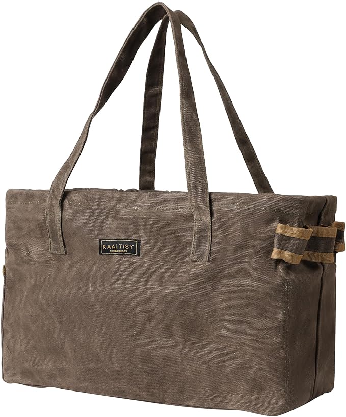 Tool Bag, Foldable Rectangular Hand Tool Storage Bag, 16OZ Waxed Canvas Tool Bag Case - with External Pockets + Sturdy Handles + Top Metal Bar - for Carpenter Repairman Gardener | Grey | 15"Lx7"Wx10"H