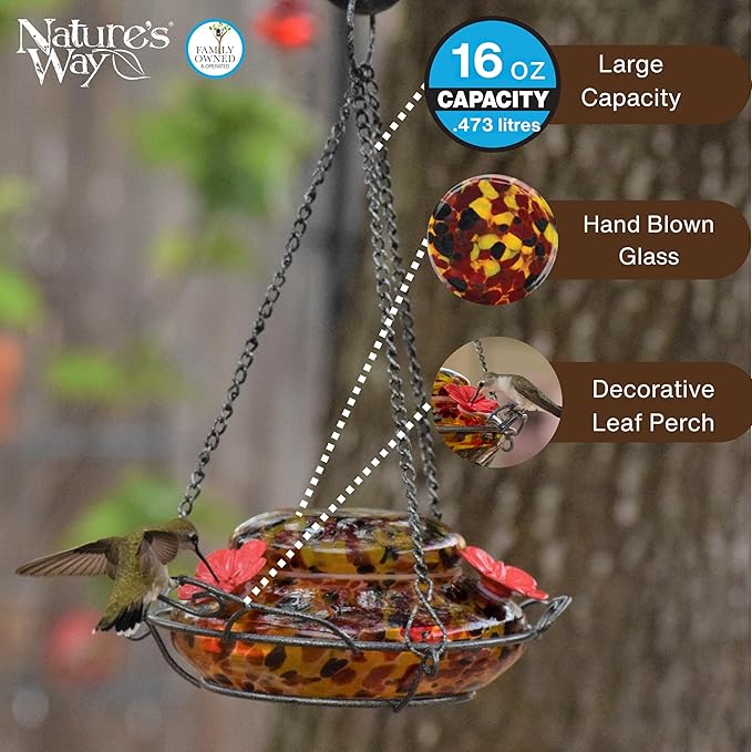 Nature's Way Bird Products GHF5 Hand Blown Garden Top Fill Hummingbird Feeder, 16 oz Capacity, Molten