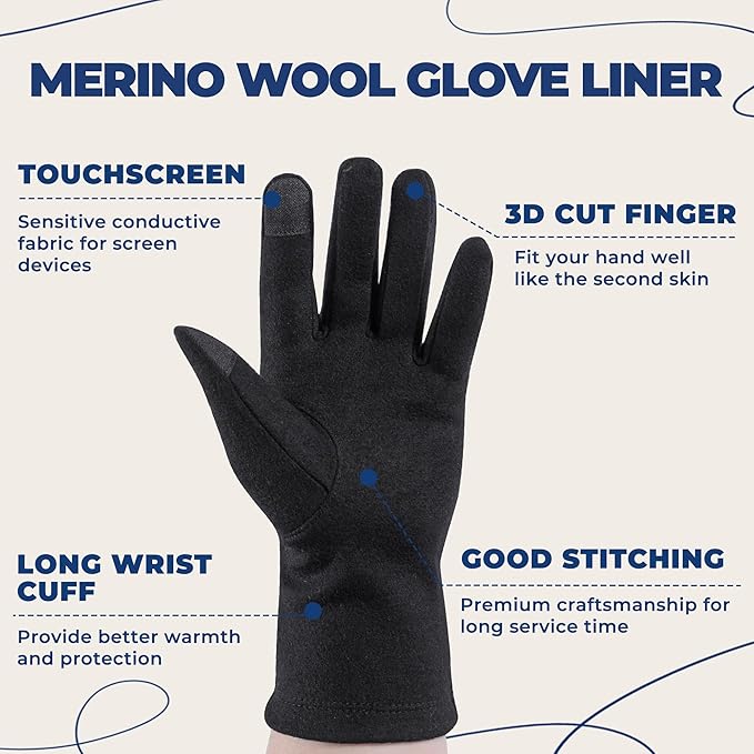 ACUSHLA Merino Wool Glove Liner -Touchscreen Lightweight Base Layer Ski Liner Glove for Men & Women