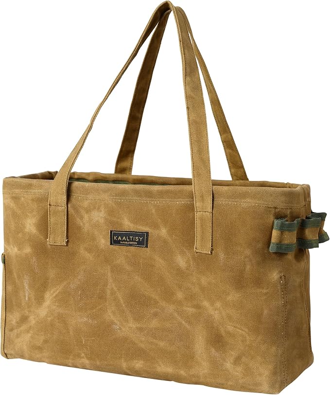 Open Top Tool Bag, Heavy Duty 16oz Waxed Canvas Tool Bag with Inside Pockets & Sturdy Handles - for Gardner Carpenter Craftsman - Tool Tote Bag Pouch | 15"Lx7"Wx10"H | Khaki