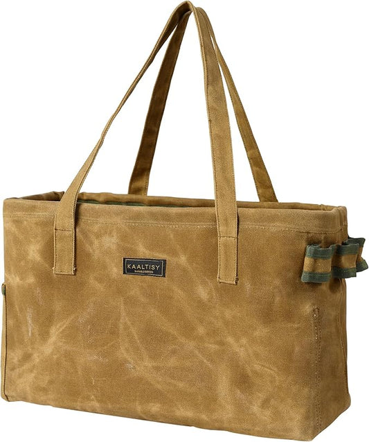 Open Top Tool Bag, Heavy Duty 16oz Waxed Canvas Tool Bag with Inside Pockets & Sturdy Handles - for Gardner Carpenter Craftsman - Tool Tote Bag Pouch | 15"Lx7"Wx10"H | Khaki