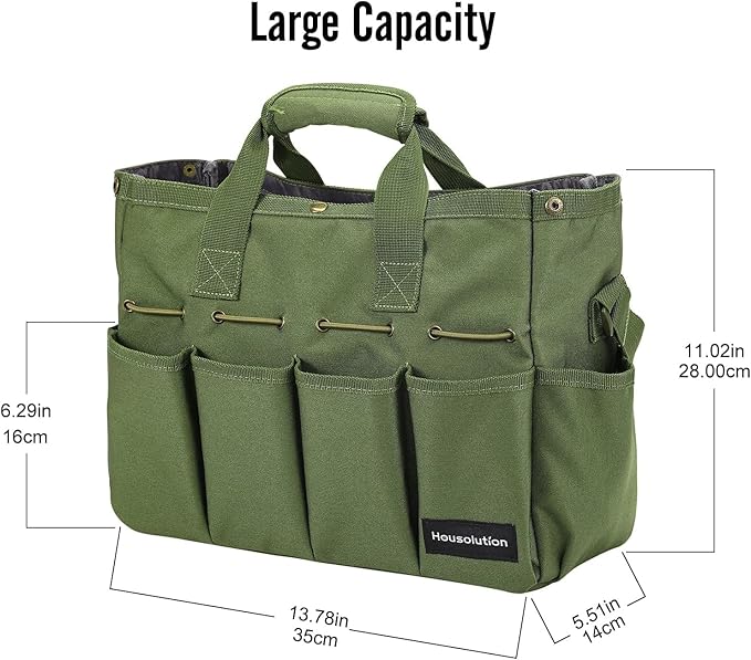 Housolution Garden Tote Bag, 900D Standable Gardening Tool Bag, Garden Tote Storage Bag with Pockets & Long Adjustable Shoulder Strap, Home Tools Organizer Garden Tool Kit Holder, 14 Inch