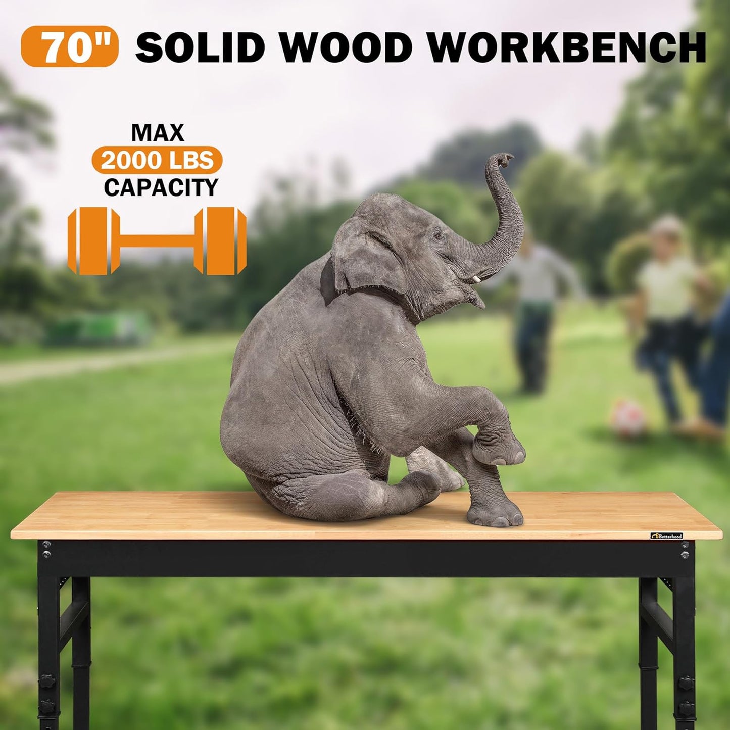 70" Adjustable Height Workbench, 2000 LBS Heavy Duty Work Table with Power Outlets & Pegboard, Rubber Wood Workstation for Garage, Workshop, Office, Home, Commercial