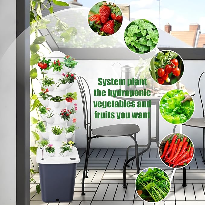 Vertical Hydroponics Garden Tower, 30-Plant Hydroponic Growing System with 10L Tank, 6 Layers Tower Garden Hydroponics Growing System, Automatic Watering for Home Indoor Gardening System White