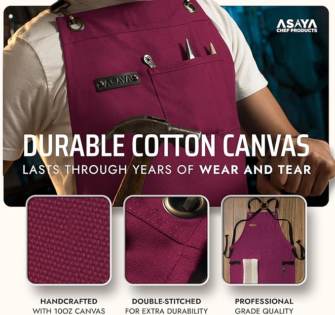 Asaya Chef and BBQ Apron with Bottle Opener and Hand Towel - 10oz Cotton Canvas, Stainless Steel Hardware - Cross Back Straps