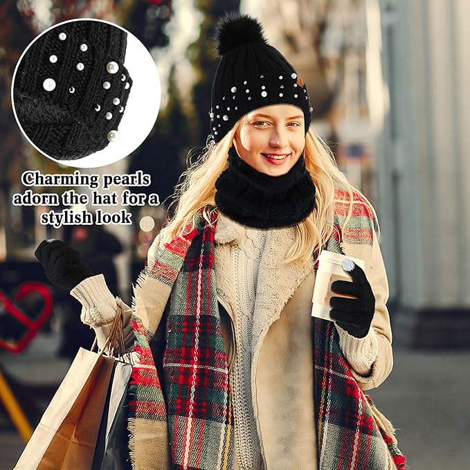 5 Pieces Women Winter Warm Set Knit Beanie Hat Scarf Touchscreen Gloves Earmuffs Stockings 5 in 1 Ski Outing Set for Gift