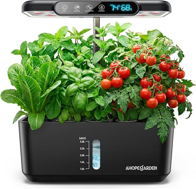 Ahopegarden Hydroponics Growing System Herb Garden: 10 Pods Indoor Garden Kit with LED Grow Light and Smart Temp & Humidity Display - Plant Germination Kit for Home Kitchen