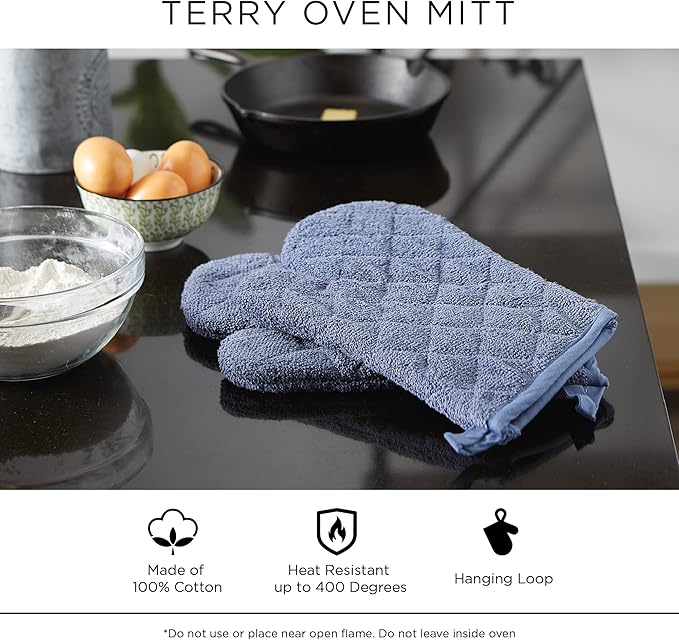 DII Basic Terry Collection 100% Cotton Quilted, Oven Mitt, Stonewash Blue, 2 Piece