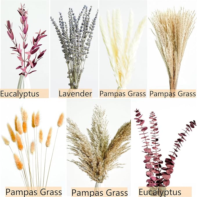 Fall Dried Flower Bouquet with Pampas Grass, Orange Bunny Tails, Lavender & Red Eucalyptus –Boho Fall Decor for Home, Vase, Porch & thanksgiving –Autumn Floral Arrangements for Fall Decorations Indoor